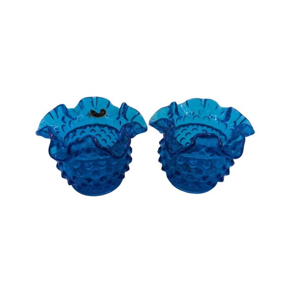 Fenton Blue Hobnail Glass Vase Set - 2 Pieces Ruffled Edge Collectibl - Picture 5 of 12